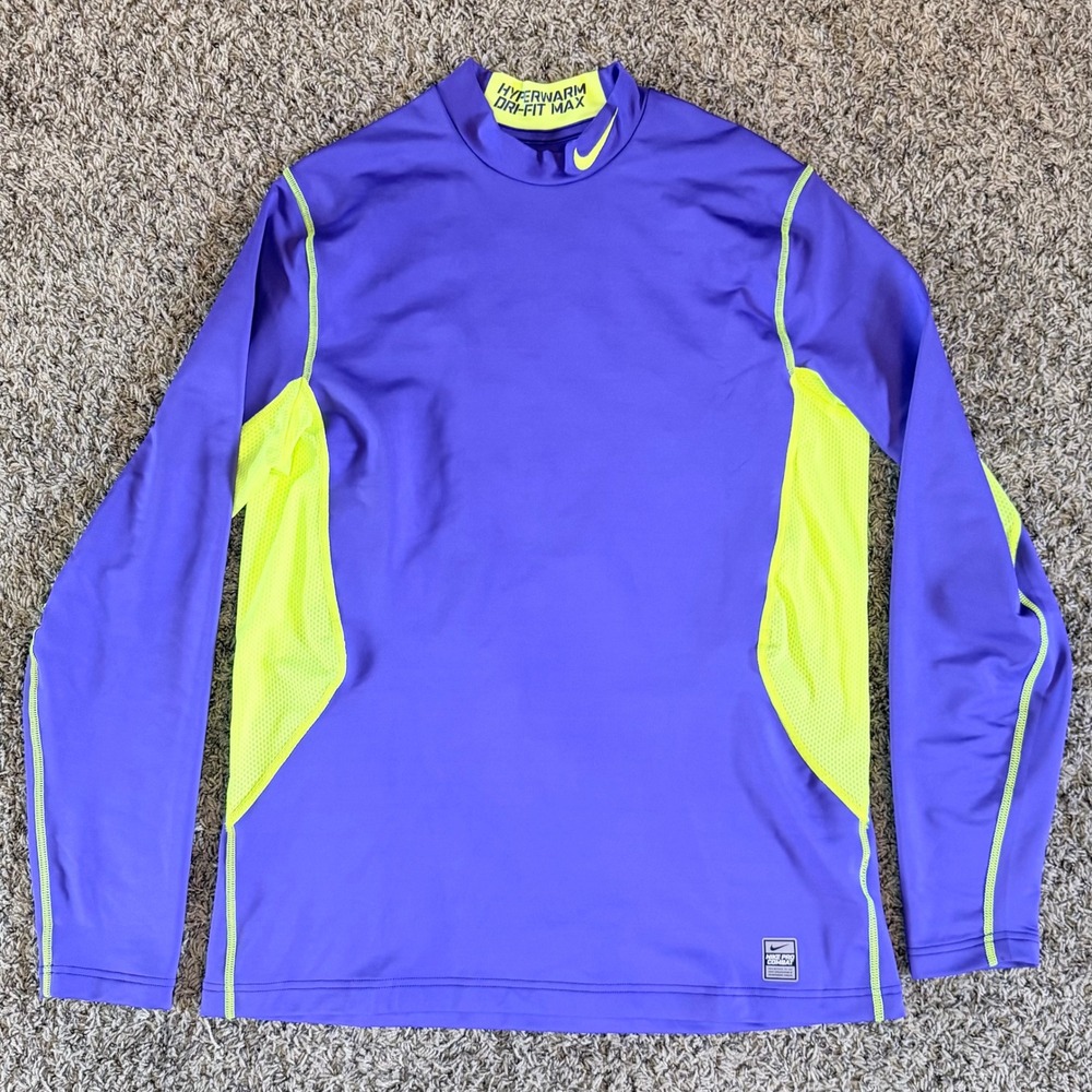 Nike Pro Combat Hyperwarm Dri-FIT Max Purple Volt Mock Neck Shirt 479925-531 L